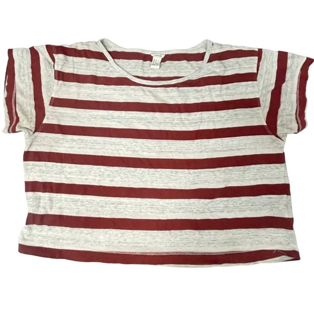 i love h8 crop short sleeve shirt stripped ivory red sheer size small READ